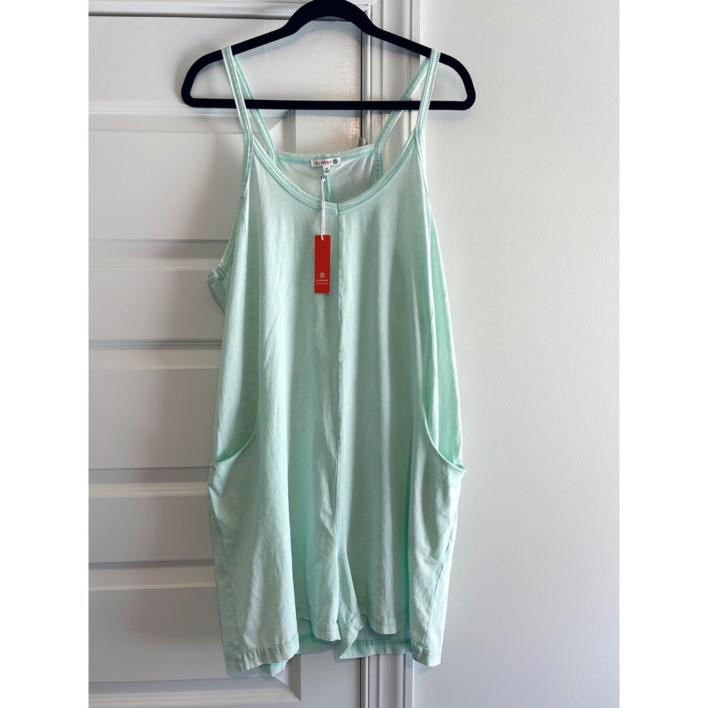 Sundry Womens Mint Green Jersey Knit Romper Spaghetti Strap Pockets NWT size S
